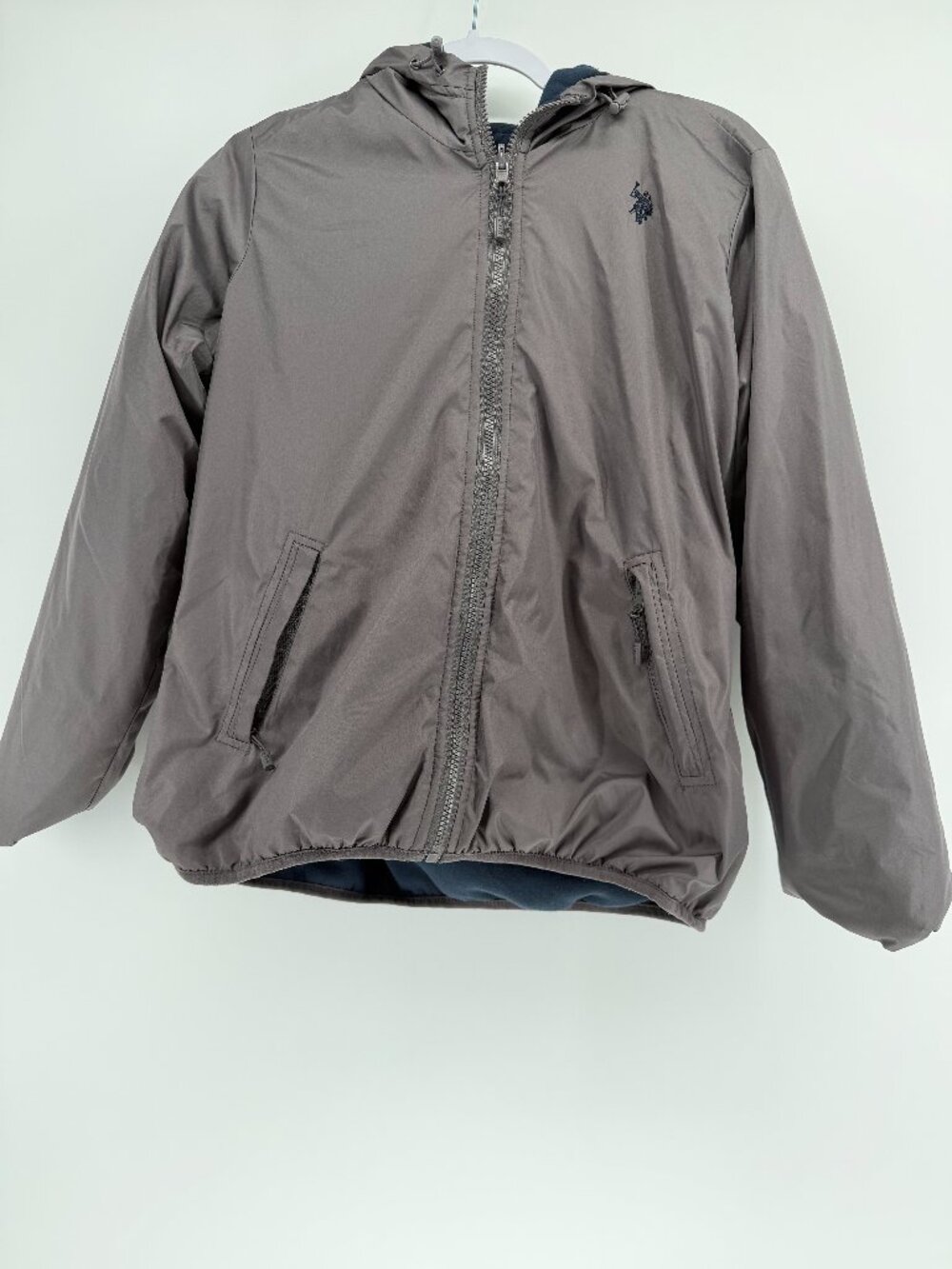 Reversible U.S. Polo Assn. Men's Hooded Windbreaker Jacket - Grey (Size Large)